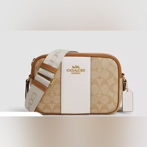 Coach Tan and Cream Belt Bag with Signature Design with gold accents